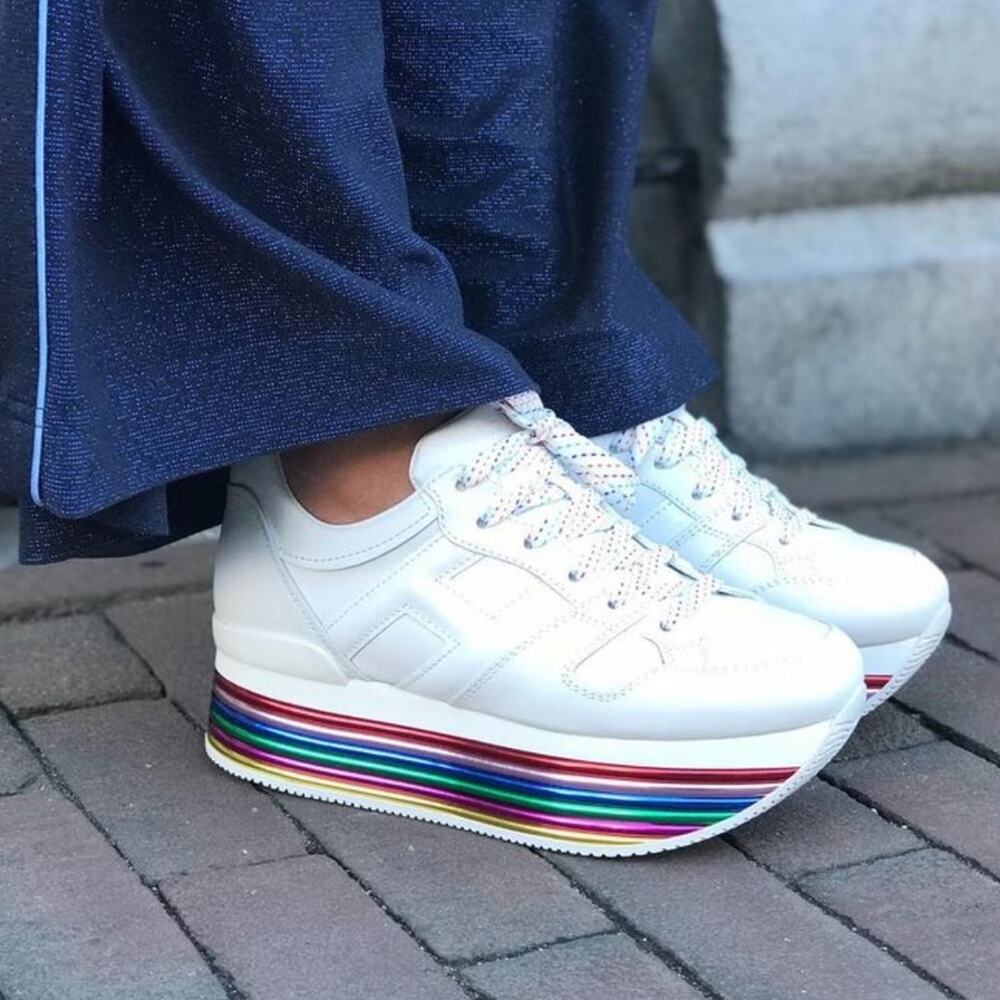White Platform Sneakers with Rainbow Stripe Sole